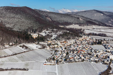 Winter aerial view in the snow in Gleisweiler in the state Rhineland-Palatinate, Germany