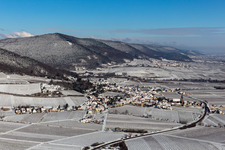 Winter aerial view in the snow in Burrweiler in the state Rhineland-Palatinate, Germany