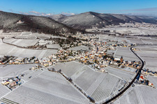 Aerial view of Winter aerial view in the snow in Burrweiler in the state Rhineland-Palatinate, Germany