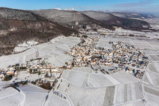 Winter aerial view in the snow in Weyher in der Pfalz in the state Rhineland-Palatinate, Germany