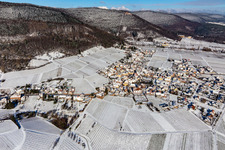 Aerial view of Winter aerial view in the snow in Weyher in der Pfalz in the state Rhineland-Palatinate, Germany