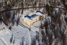 Aerial view of Wintry snowy palace Villa Ludwigshoehe in Edenkoben in the state Rhineland-Palatinate, Germany