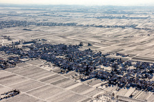 Aerial view of Winter aerial view in the snow in Rhodt unter Rietburg in the state Rhineland-Palatinate, Germany