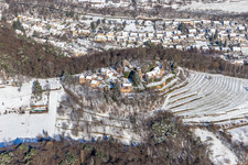 Aerial view of Winter aerial view in the snow of Kropsburg Castle in the district SaintMartin in Sankt Martin in the state Rhineland-Palatinate, Germany