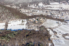 Aerial view of Winter aerial view in the snow of Kropsburg Castle in the district SaintMartin in Sankt Martin in the state Rhineland-Palatinate, Germany