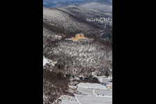Aerial view of Winter aerial view in the snow of Hambach Castle in the district Diedesfeld in Neustadt an der Weinstraße in the state Rhineland-Palatinate, Germany