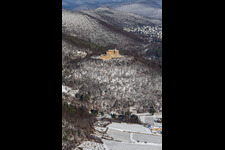 Aerial view of Winter aerial view in the snow of Hambach Castle in the district Diedesfeld in Neustadt an der Weinstraße in the state Rhineland-Palatinate, Germany