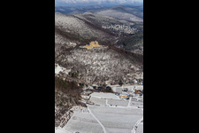 Aerial view of Winter aerial view in the snow of Hambach Castle in the district Diedesfeld in Neustadt an der Weinstraße in the state Rhineland-Palatinate, Germany