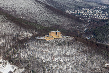 Aerial view of Winter aerial view in the snow of Hambach Castle in the district Diedesfeld in Neustadt an der Weinstraße in the state Rhineland-Palatinate, Germany