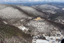 Aerial view of Winter aerial view in the snow of Hambach Castle in the district Diedesfeld in Neustadt an der Weinstraße in the state Rhineland-Palatinate, Germany