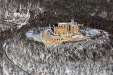 Aerial view of Wintry snowy castle of " Hambacher Schloss " in Neustadt an der Weinstrasse in the state Rhineland-Palatinate, Germany