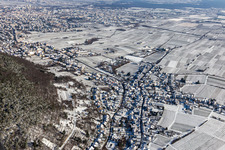 Aerial view of Winter aerial view in the snow in the district Hambach an der Weinstraße in Neustadt an der Weinstraße in the state Rhineland-Palatinate, Germany
