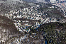Winter aerial view in the snow on Triftbrunnenweg in the district Hambach an der Weinstraße in Neustadt an der Weinstraße in the state Rhineland-Palatinate, Germany