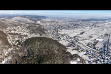 Aerial view of Winter aerial view in the snow in Neustadt an der Weinstraße in the state Rhineland-Palatinate, Germany