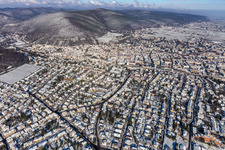 Aerial view of Winter aerial view in the snow in Neustadt an der Weinstraße in the state Rhineland-Palatinate, Germany