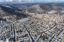 Aerial view of Winter aerial view in the snow in Neustadt an der Weinstraße in the state Rhineland-Palatinate, Germany