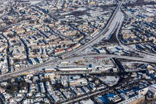 Winter aerial view in the snow of the Gleisdreieck in Neustadt an der Weinstraße in the state Rhineland-Palatinate, Germany