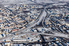 Aerial view of Winter aerial view in the snow of the Gleisdreieck in Neustadt an der Weinstraße in the state Rhineland-Palatinate, Germany