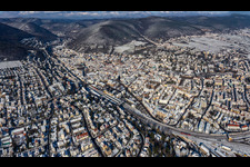 Aerial view of Winter aerial view in the snow in Neustadt an der Weinstraße in the state Rhineland-Palatinate, Germany
