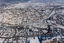 Aerial view of Winter aerial view in the snow of the Gleisdreieck in Neustadt an der Weinstraße in the state Rhineland-Palatinate, Germany