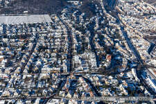 Winter aerial view in the snow of Waldstraße in Neustadt an der Weinstraße in the state Rhineland-Palatinate, Germany