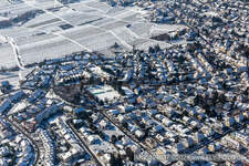 Winter aerial view in the snow Grünwiesenweg in Neustadt an der Weinstraße in the state Rhineland-Palatinate, Germany