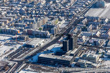 Winter aerial view in the snow Deutsche Telekom in Neustadt an der Weinstraße in the state Rhineland-Palatinate, Germany