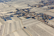 Aerial view of Winter aerial view of the Bordmühle industrial area in the snow in Kirrweiler in the state Rhineland-Palatinate, Germany