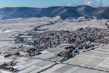 Winter aerial view in the snow in Maikammer in the state Rhineland-Palatinate, Germany