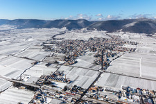 Aerial view of Winter aerial view in the snow in the district Alsterweiler in Maikammer in the state Rhineland-Palatinate, Germany