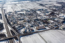 Wintry snowy industrial and commercial area Ost with dreiso GmbH Dreissigacker & Sohn in Edenkoben in the state Rhineland-Palatinate, Germany
