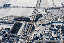 Winter aerial view in the snow, motorway exit Landau Zentrum in the district Queichheim in Landau in der Pfalz in the state Rhineland-Palatinate, Germany