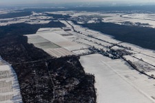 Winter aerial view in the snow Palatino Ranch in Steinweiler in the state Rhineland-Palatinate, Germany