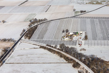 Winter aerial view in the snow of the Gensheimer asparagus and fruit farm in Steinweiler in the state Rhineland-Palatinate, Germany