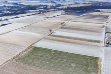 Aerial view of Snow-covered fields in winter in Billigheim-Ingenheim in the state Rhineland-Palatinate, Germany