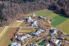 Aerial view of Village on the lake bank areas and Dorfgemeinschaft Tennental in Deckenpfronn in the state Baden-Wuerttemberg, Germany