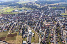 Aerial view of Perouser Straße with Schneider Fensterbau GmbH in the district Malmsheim in Renningen in the state Baden-Wuerttemberg, Germany