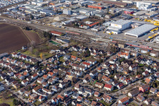 Aerial view of Train station and industrial area Industriestr in Renningen in the state Baden-Wuerttemberg, Germany