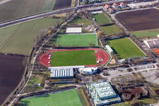 Stegwiesen Sports Park with Rankbach Stadium and Rankbach Hall from the east in Renningen in the state Baden-Wuerttemberg, Germany