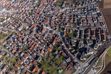 Overview of the town from the southeast with St. Peter's Church in Renningen in the state Baden-Wuerttemberg, Germany