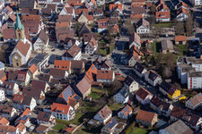 Aerial view of St. Peter's Church and Hauptstr in Renningen in the state Baden-Wuerttemberg, Germany