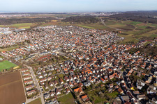 Aerial view of Overview of the town from the southeast with St. Peter's Church in Renningen in the state Baden-Wuerttemberg, Germany