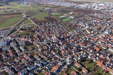 Oblique view of Overview of the town from the east with St. Peter's Church in Renningen in the state Baden-Wuerttemberg, Germany
