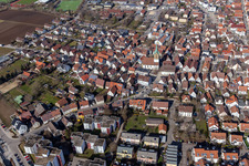 Town center with town hall and St. Peter's Church from the south in Renningen in the state Baden-Wuerttemberg, Germany