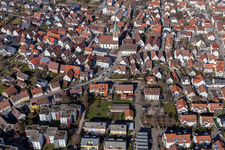 Aerial view of Town center with town hall and St. Peter's Church from the south in Renningen in the state Baden-Wuerttemberg, Germany
