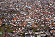 View of the town from the south with St. Peter's Church in Renningen in the state Baden-Wuerttemberg, Germany