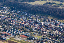 View of the town from the north with the Catholic Church of the Assumption of Mary in Aidlingen in the state Baden-Wuerttemberg, Germany