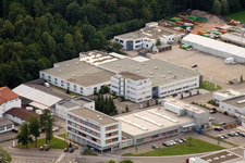 Oblique view of Ittersbach, industrial area in the district Im Stockmädle in Karlsbad in the state Baden-Wuerttemberg, Germany