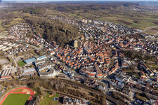 Aerial view of Historic old town from the west in Herrenberg in the state Baden-Wuerttemberg, Germany
