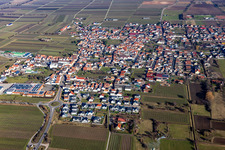Aerial view of Village view on the edge of agricultural fields and land in Niederkirchen bei Deidesheim in the state Rhineland-Palatinate, Germany